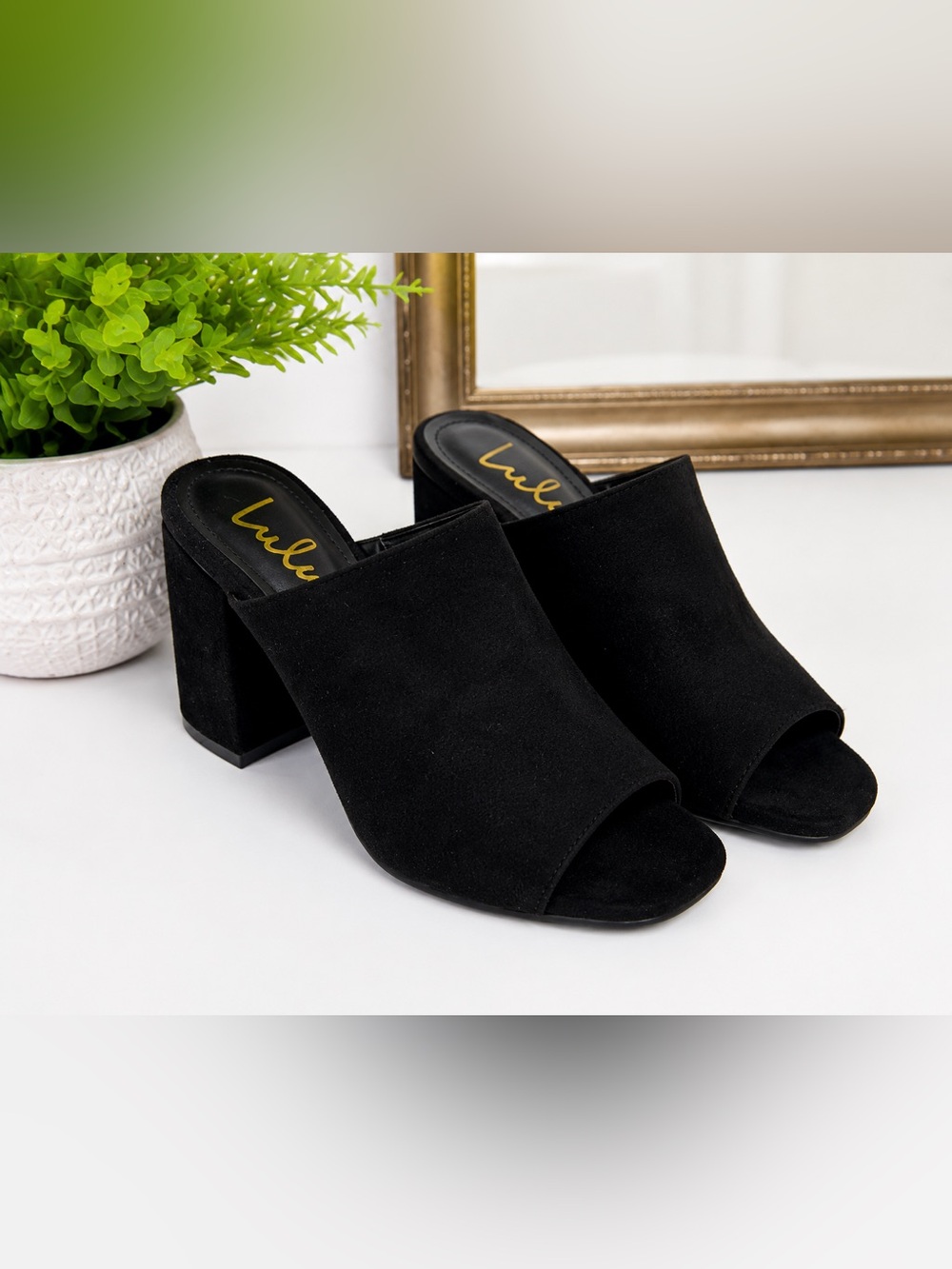 Lulus Women’s Size 7.5 Black Faux Suede Open Toe Mule Block Heel Slip On Sandals